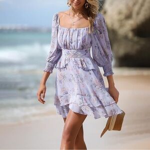 NWT EXLURA Floral Ruffle Tiered Long Sleeve Off Shoulder Lavender Mini Dress Med